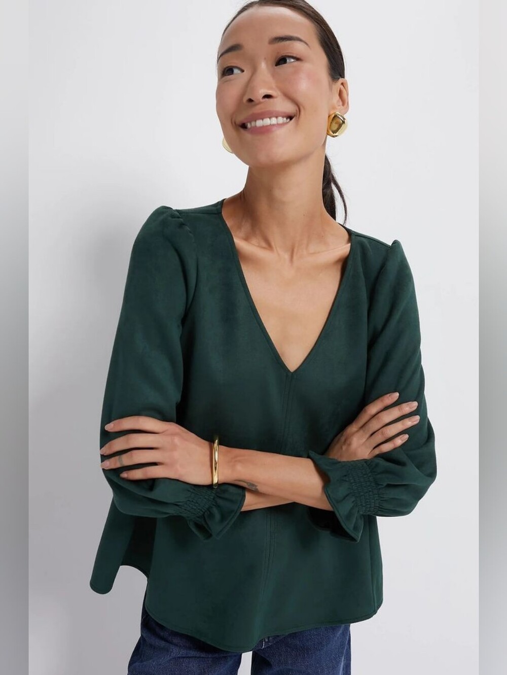 Tuckernuck Easton Blouse Faux Suede Malachite Green Size M Boho Fall Preppy